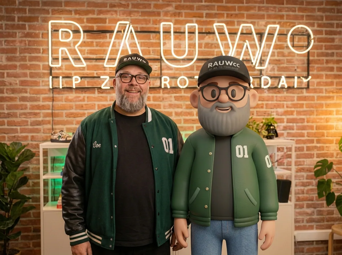 RauwCCの創設者MaartenはBiekのほかに立っています、彼のアニメーションブランドキャラクター
