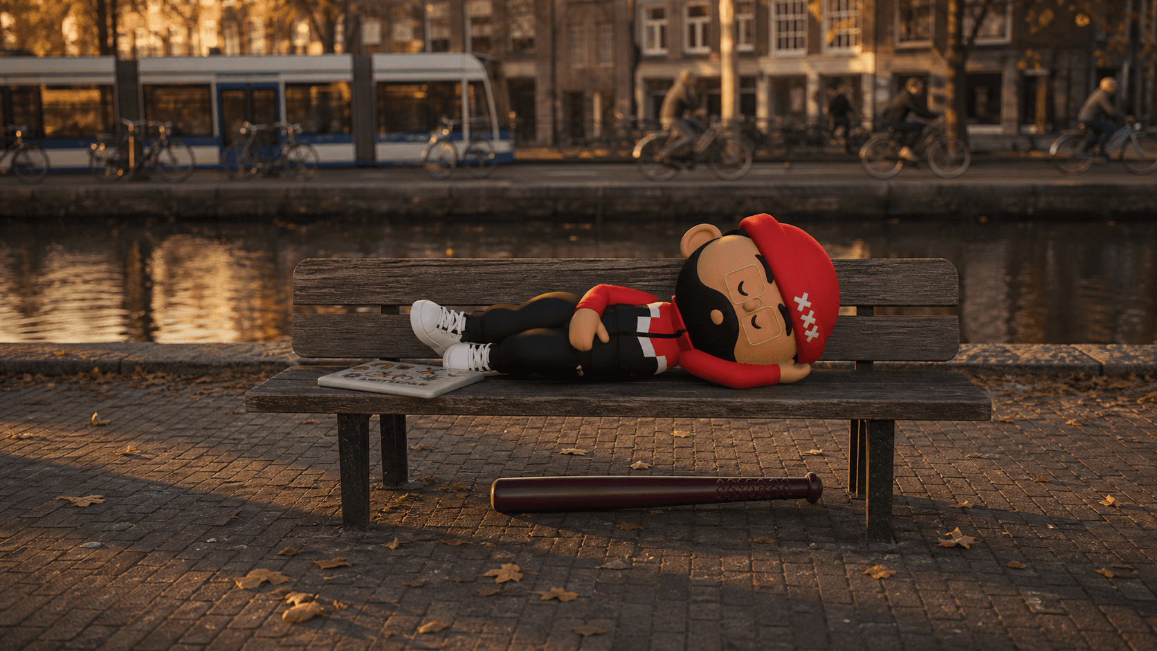 Donnie napping on a canal-side bench