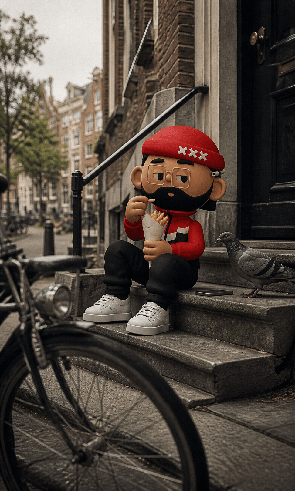 Donnie eating fries on a stoop