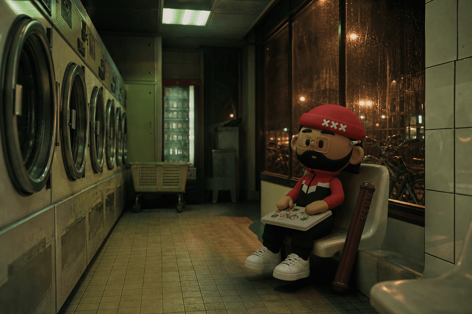 Donnie at a laundromat at night