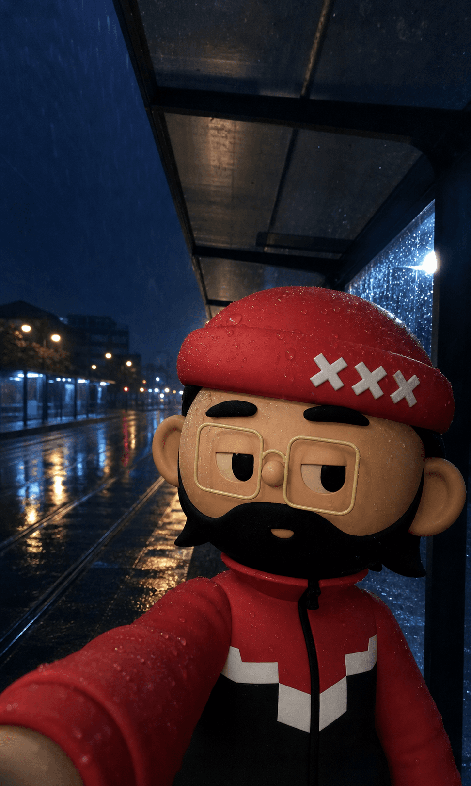 Donnie waiting for a tram in the rain