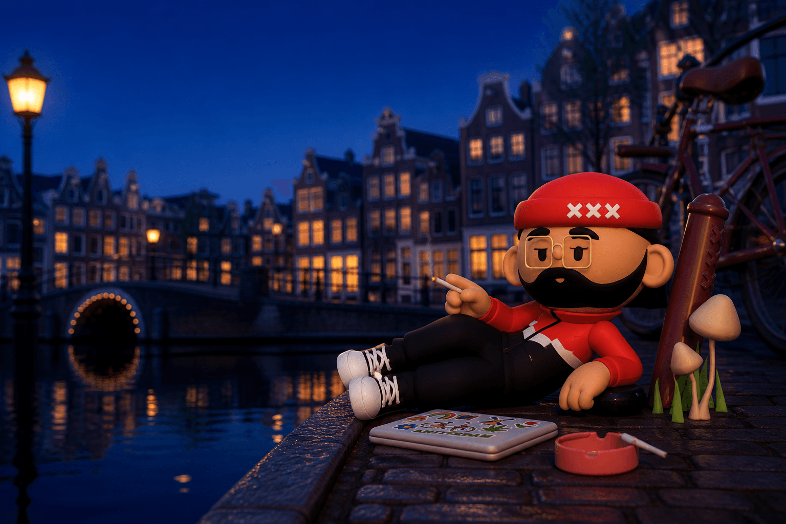 Donnie lounging beside an Amsterdam canal at blue hour