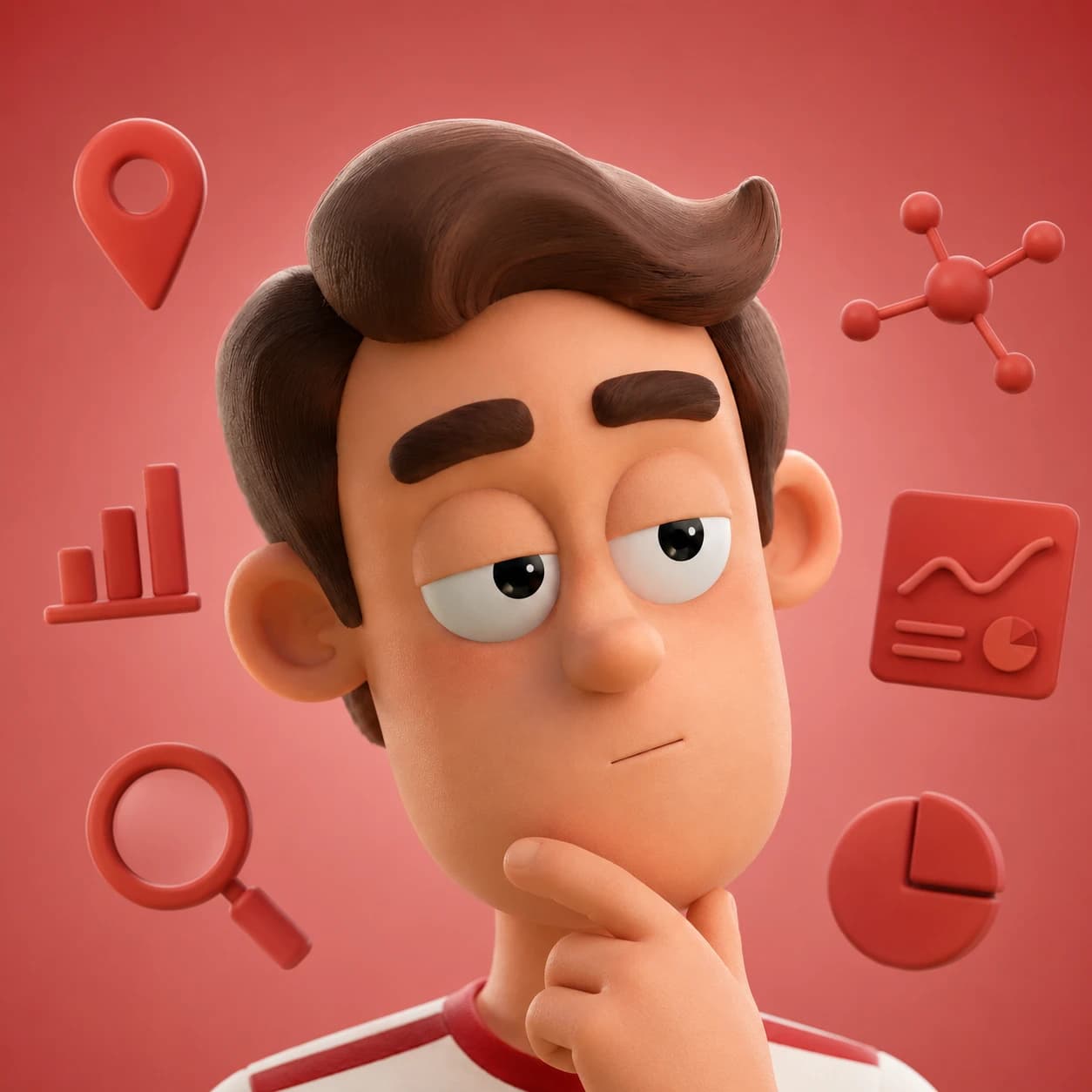 Fin thinking among charts, a search icon and financial analysis symbols