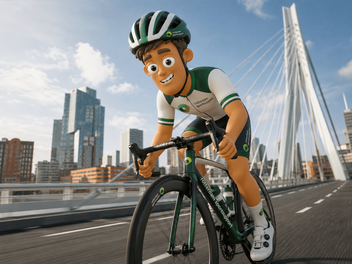 The white-label Rotterdam Sportsupport Brandbot cycling across the Erasmus Bridge