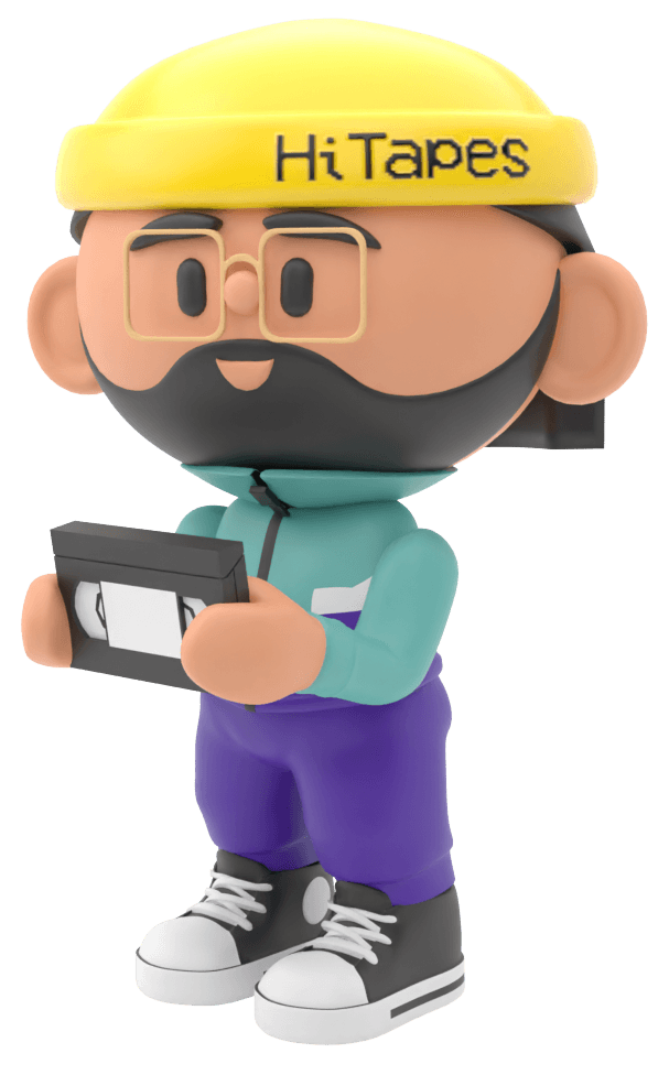Vinny, the HiTapes Brandbot, holding a VHS cassette