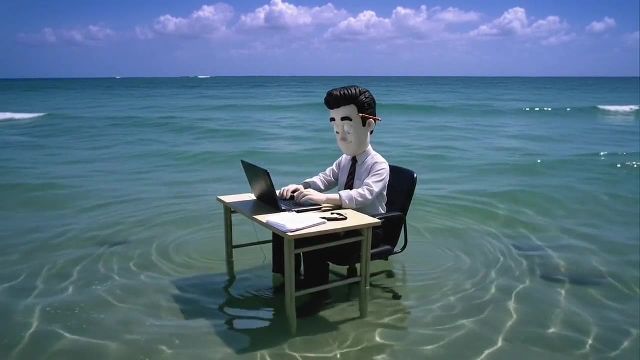 Walter working at his desk in a surreal sea setting