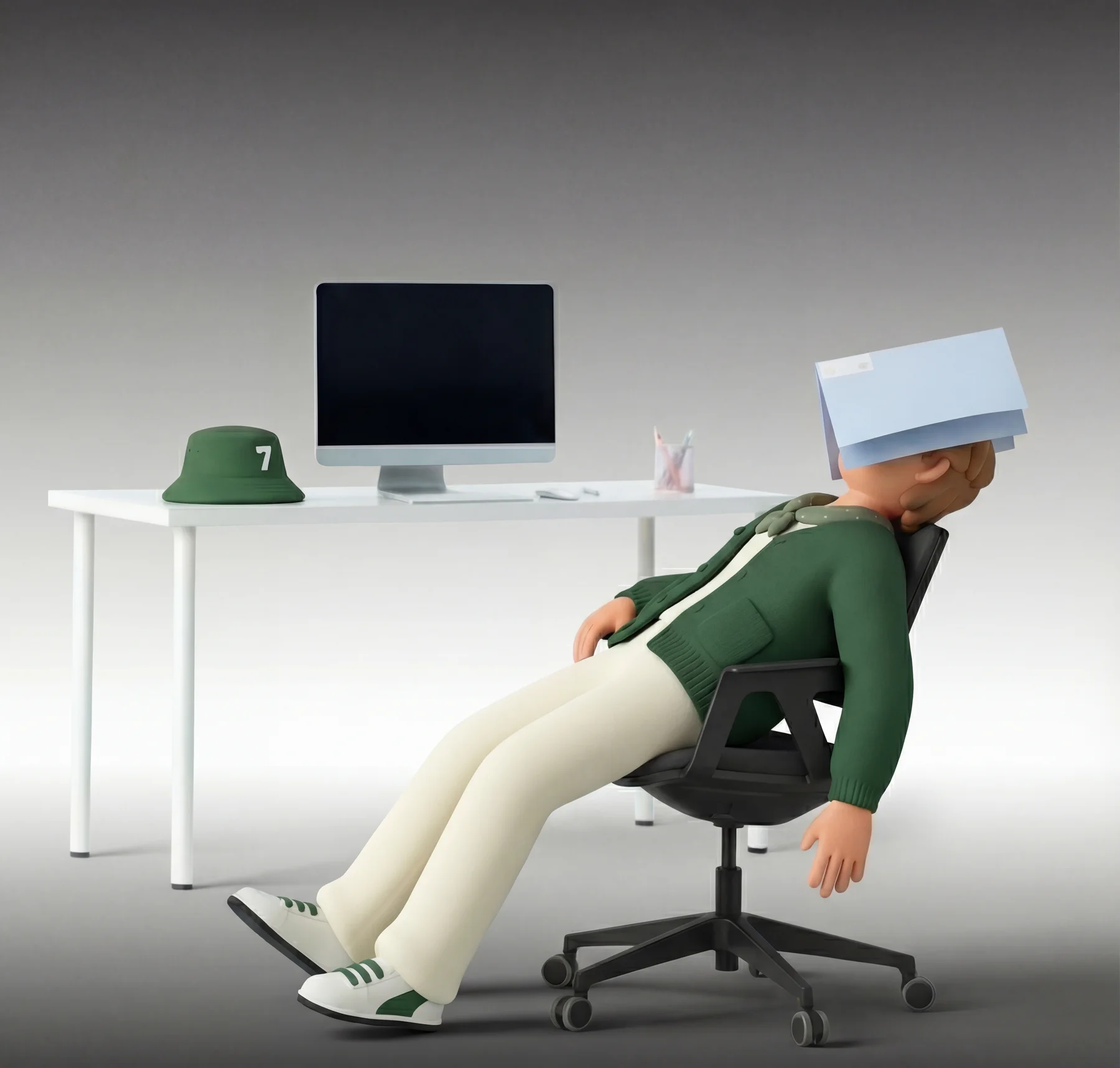 顔を覆う紙とオフィスチェアで眠る