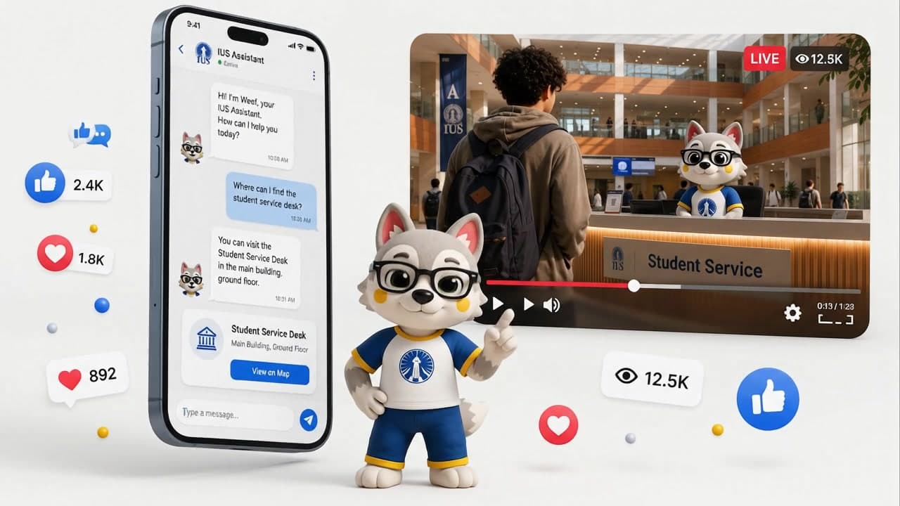 Woof, the animated IUS student guide, inside the mobile interface