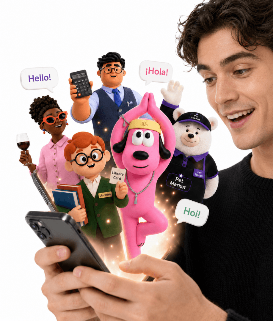 A family of expressive Brandbot characters surrounding a mobile interaction