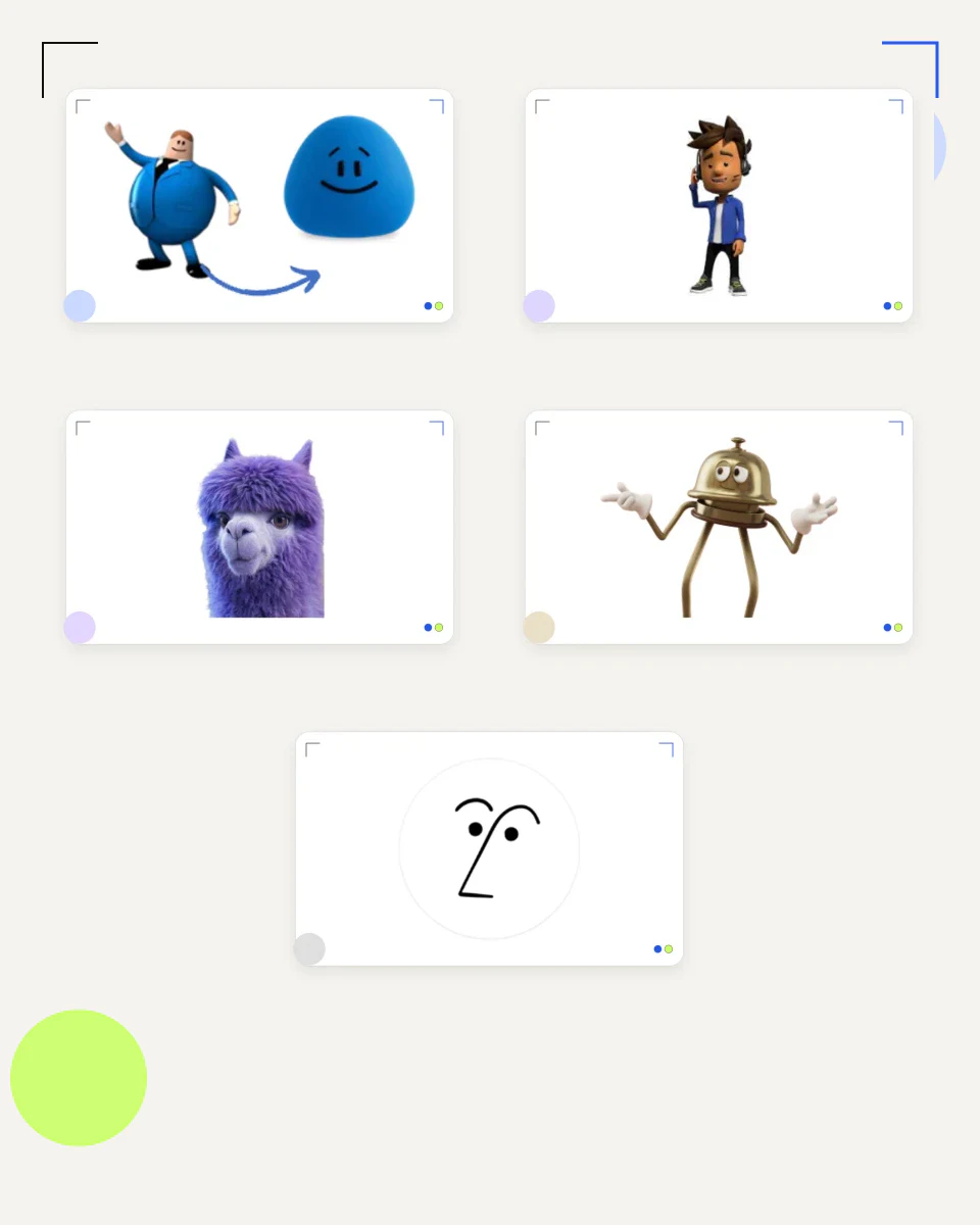 An editorial overview of Billie from bol, Oscar from Oxxio, the monday.com Llama, Bellboy from Hotels.com and Notion’s AI face