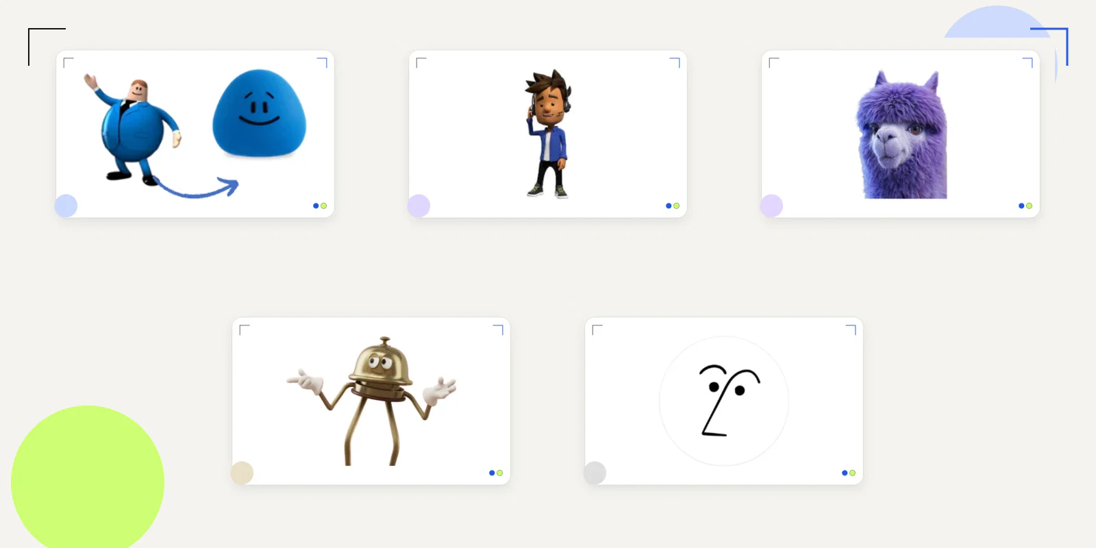 An editorial overview of Billie from bol, Oscar from Oxxio, the monday.com Llama, Bellboy from Hotels.com and Notion’s AI face