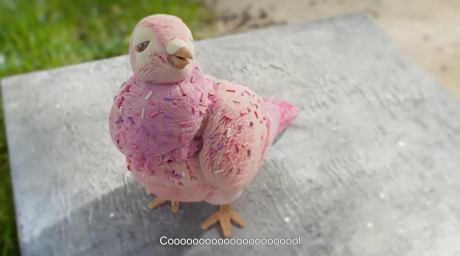 A close-up of Pidge as a pink ice-cream pigeon covered in sprinkles