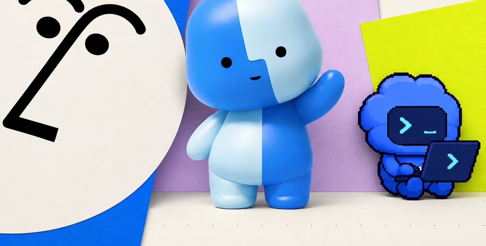 An editorial composition featuring the Notion AI face, Apple’s Little Finder Guy and ChatGPT’s Codey companion