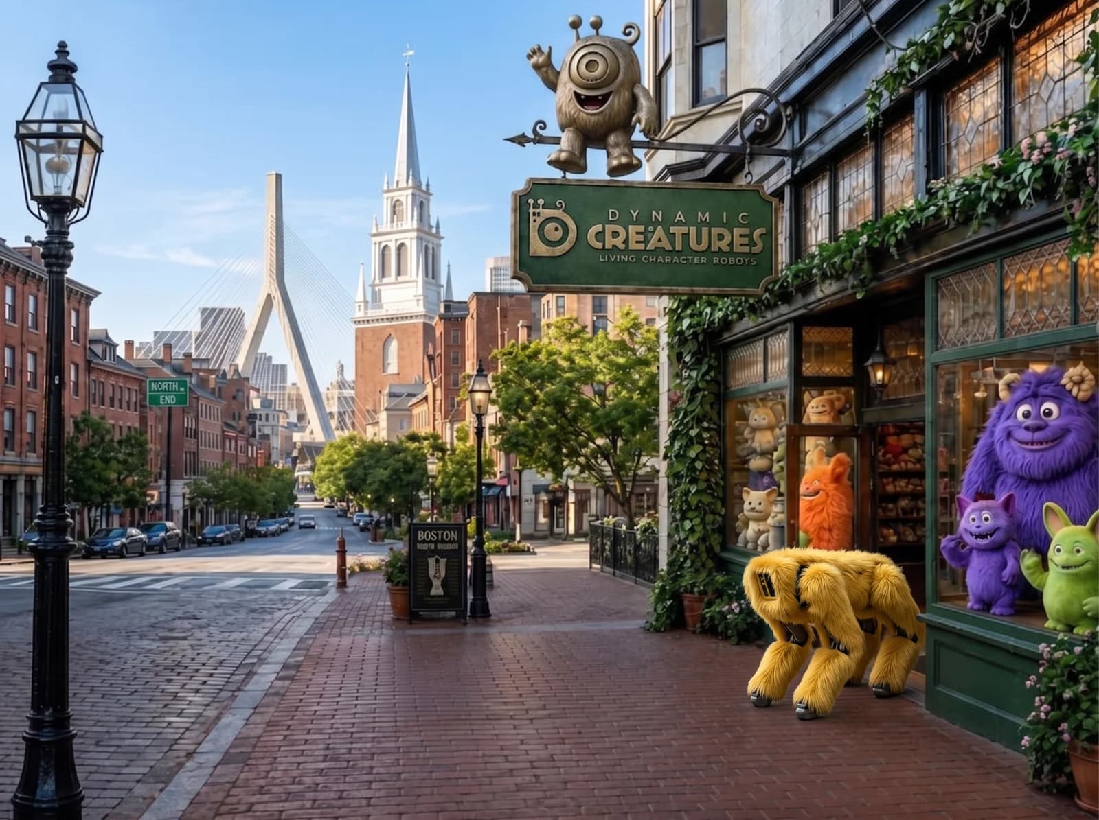Dynamic Creatures website artwork showing a character-filled storefront and a yellow four-legged creature