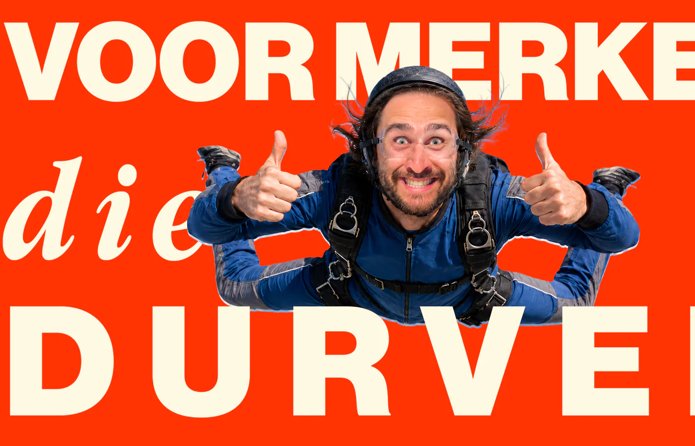 Ami Amis campaign artwork with a skydiver against a vivid orange background