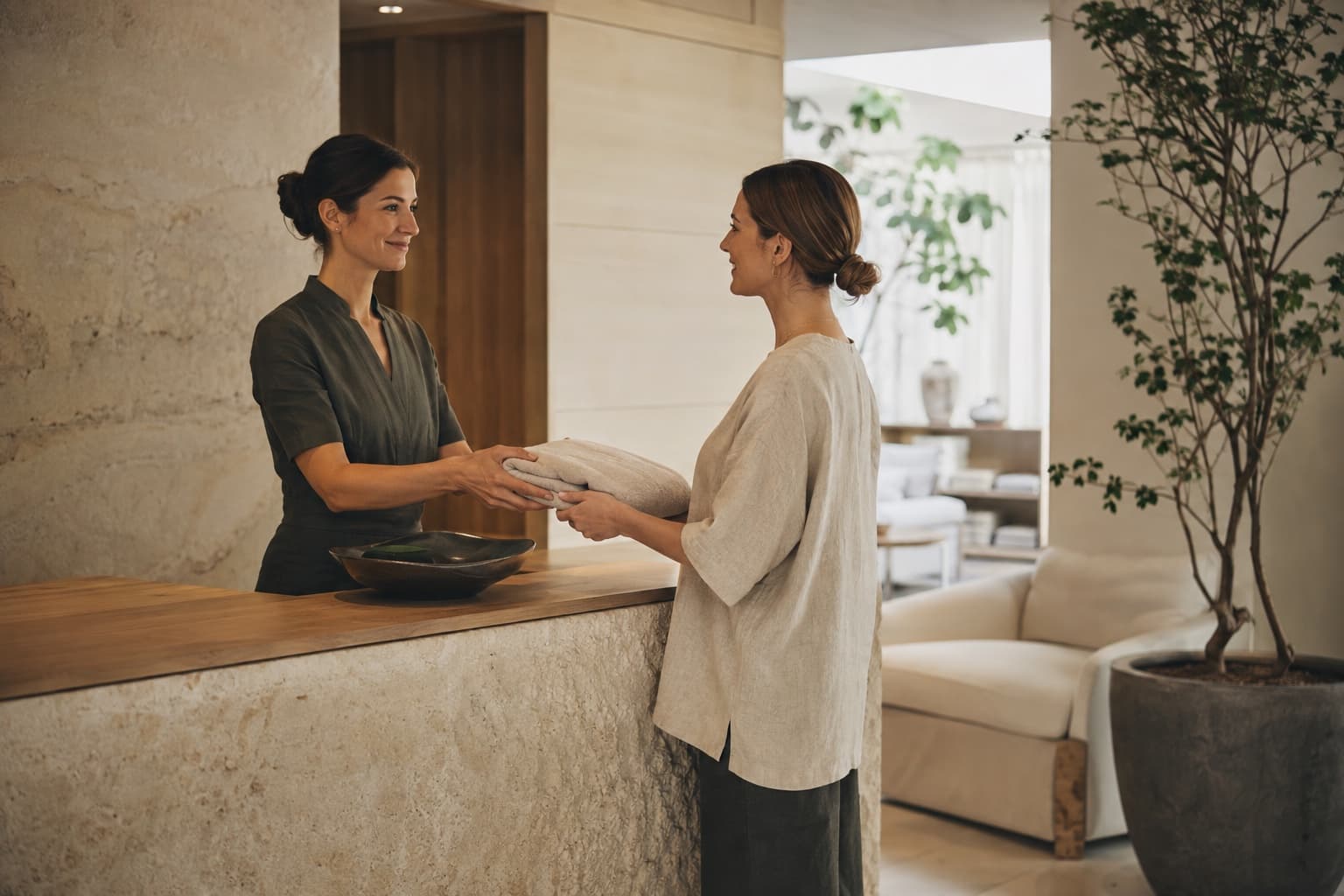 A wellness therapist welcomes a guest with a folded towel