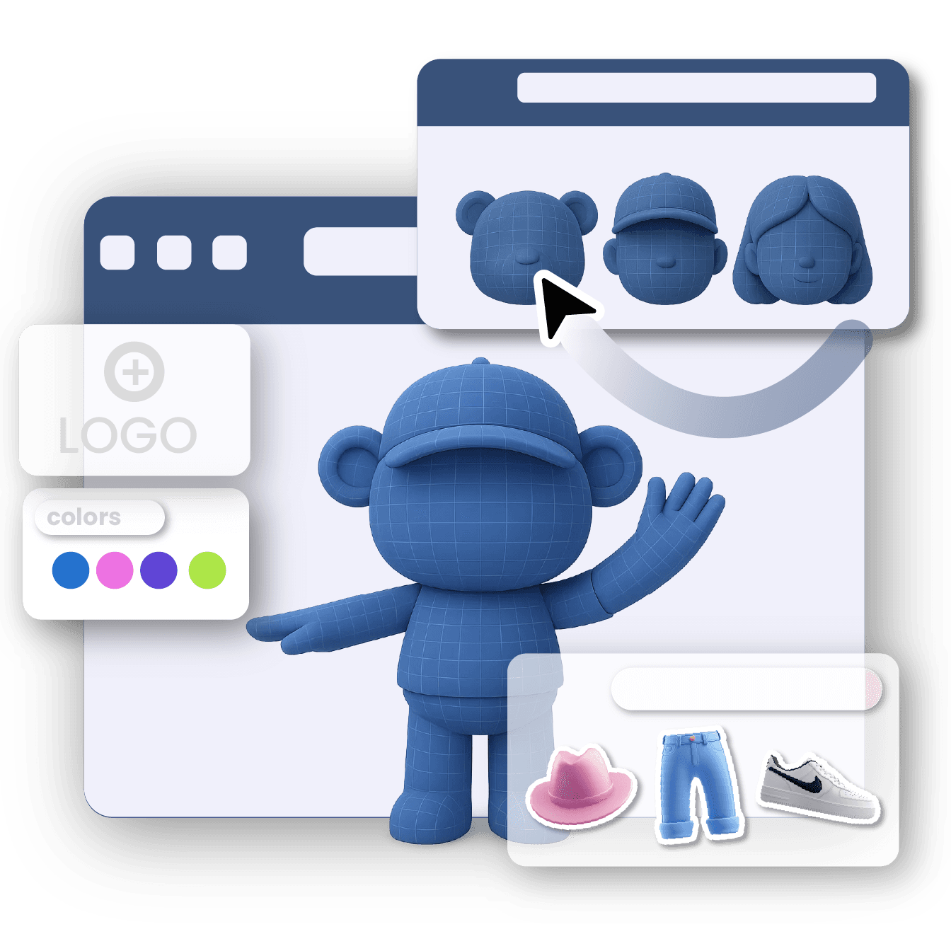 A blue character model surrounded by character design tools