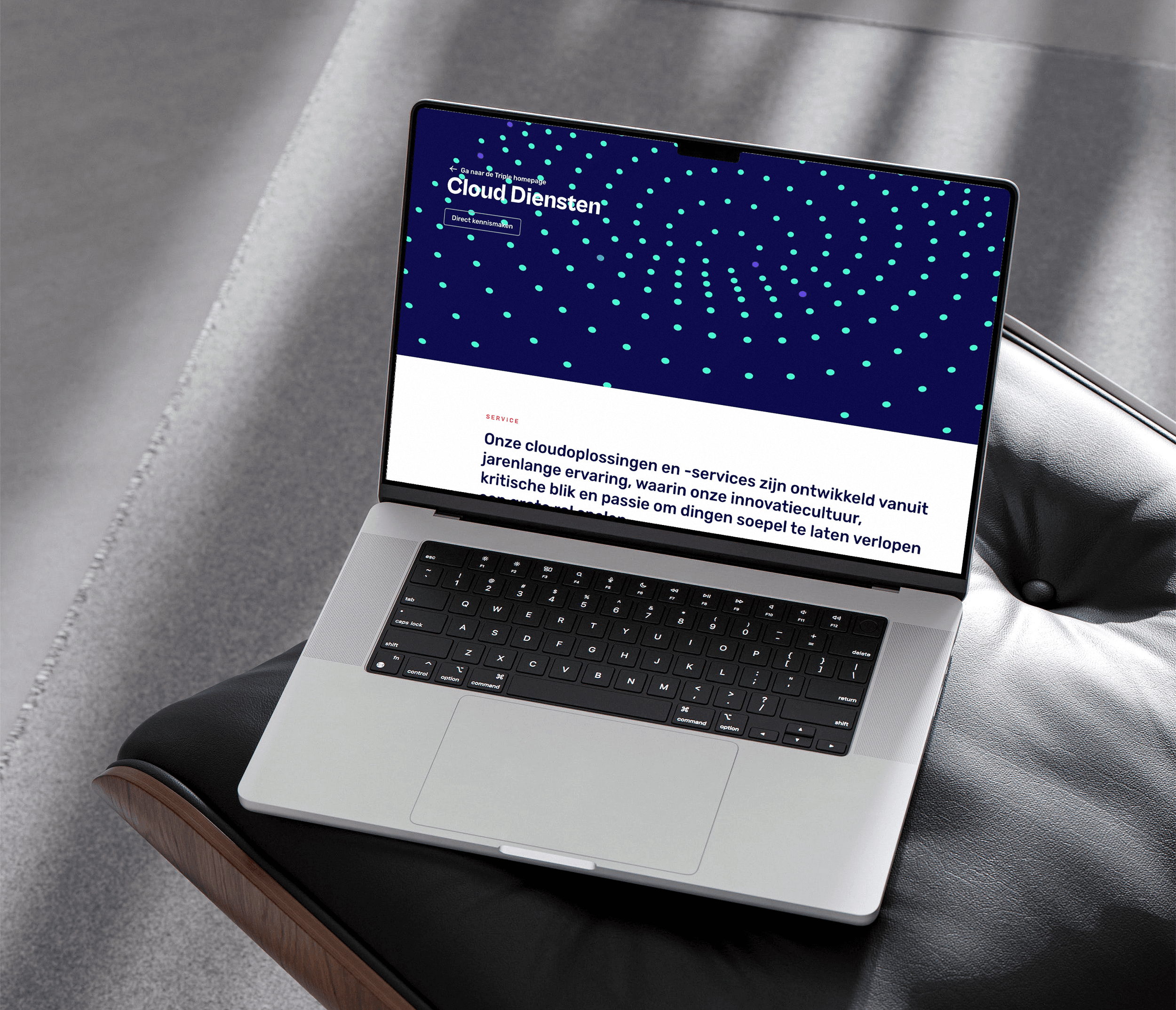 A character-led digital experience presented on a laptop