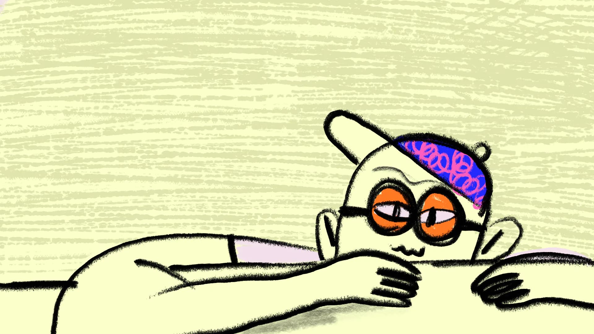 Hand-drawn person in a cap leaning on crossed arms