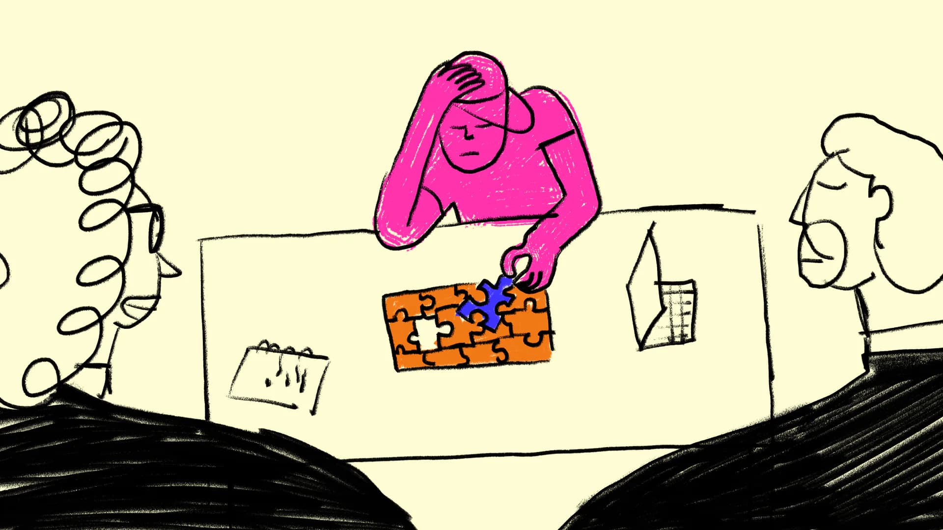 Three people assembling a puzzle around a table