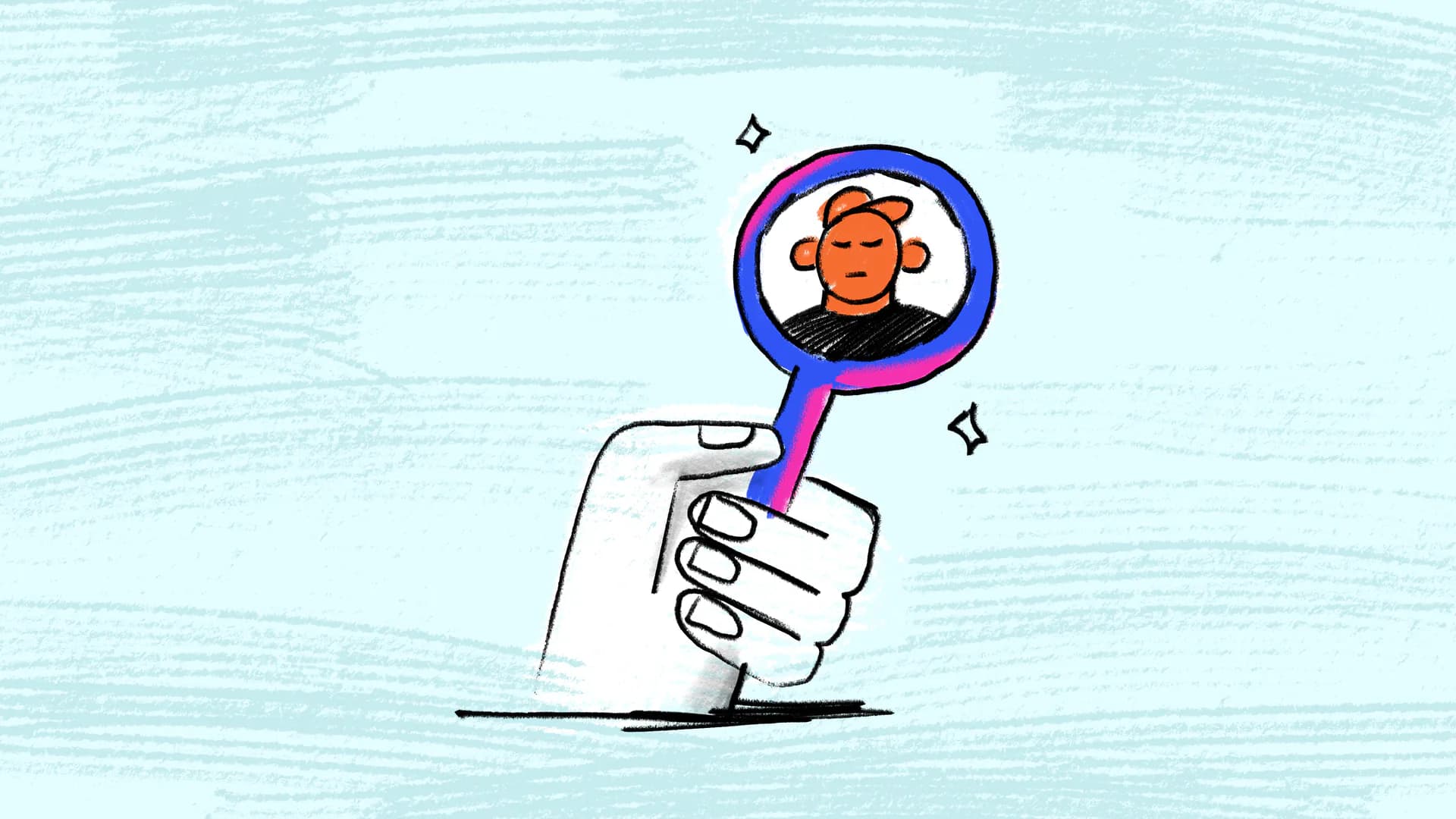 A hand holding a magnifying glass that brings a person into focus