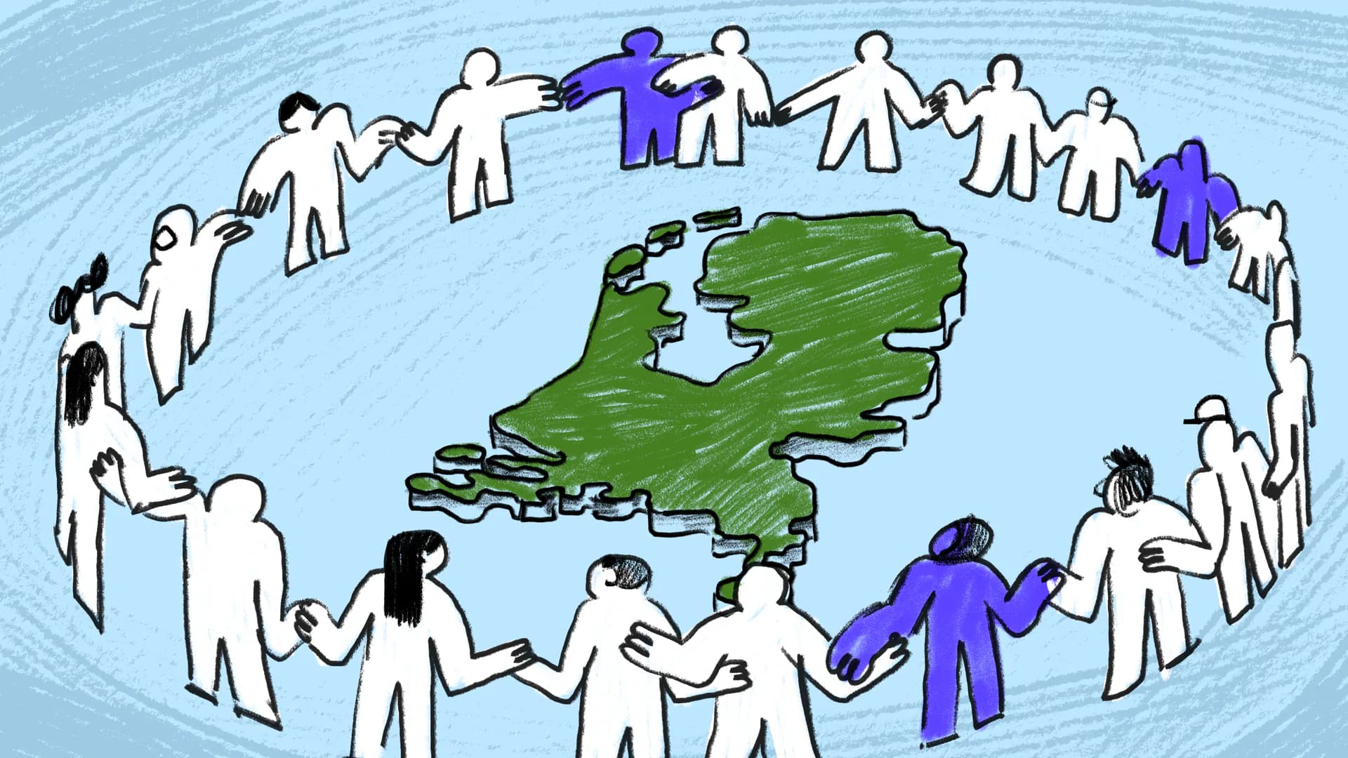 People forming a circle around a map of the Netherlands
