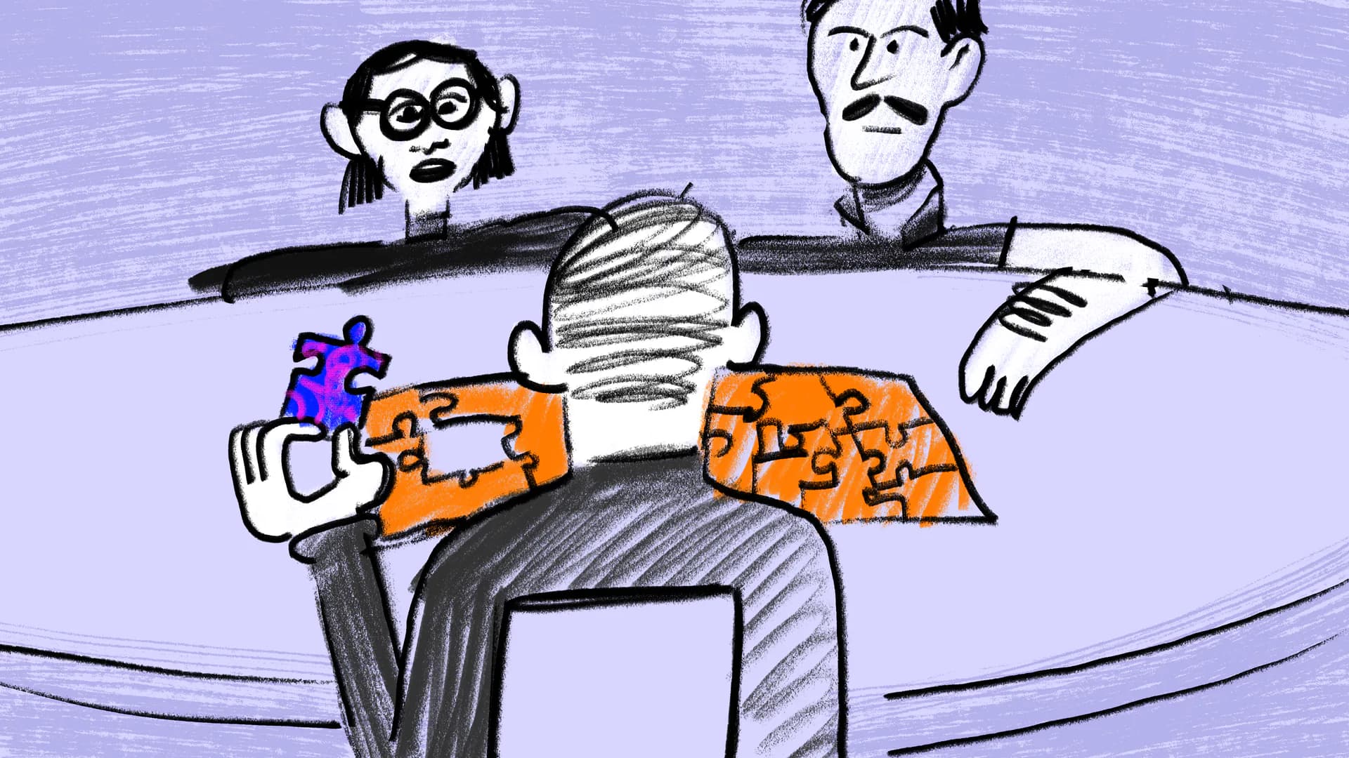A patient holding a puzzle piece during a conversation