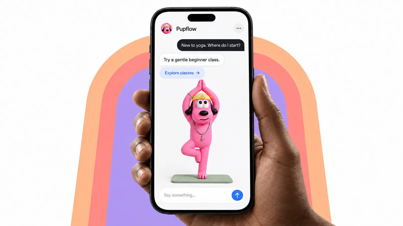 A hand holding a phone with Pupflow, the pink yoga dog, offering a beginner class, against peach, coral and lavender arches.