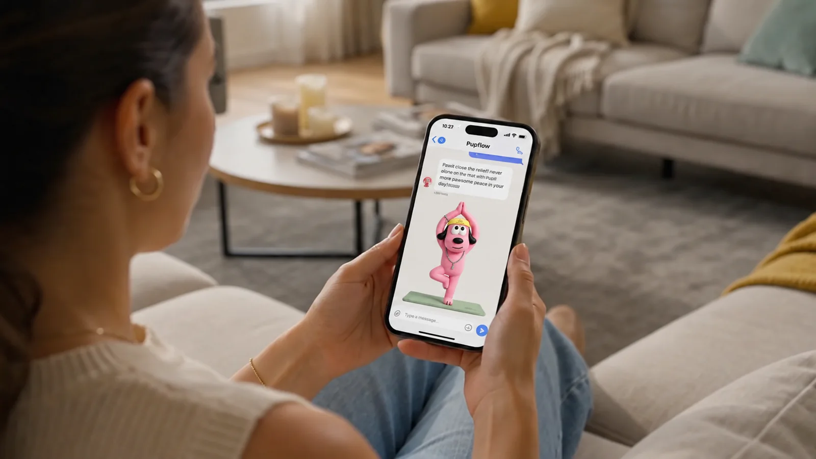 A woman chatting with Pupflow, the pink yoga dog, on her phone in her living room.