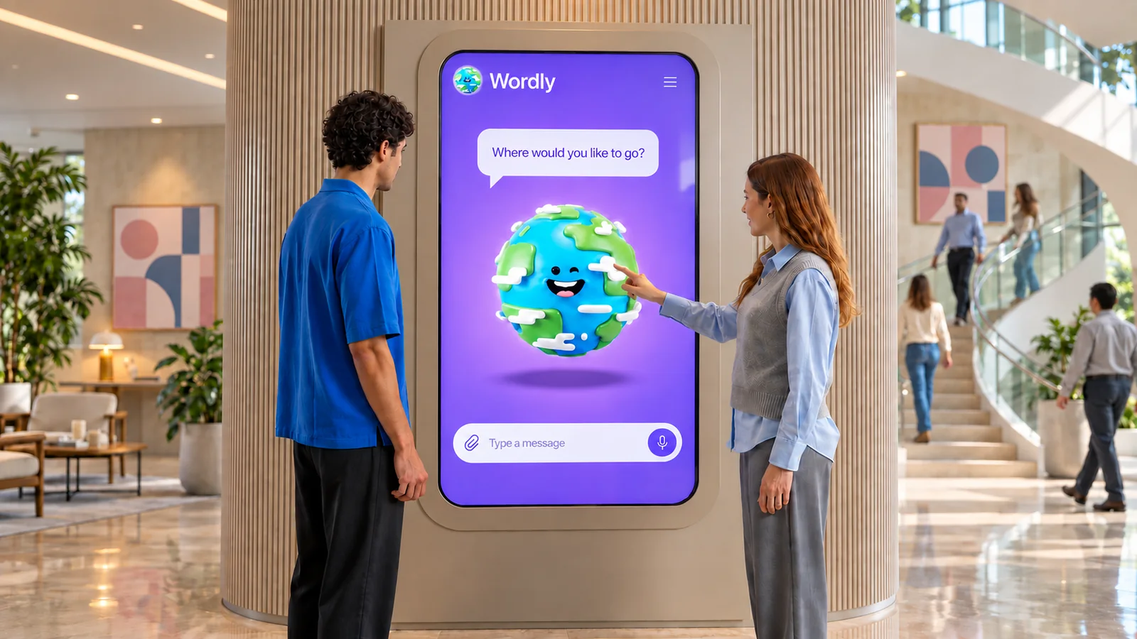 Two visitors chatting with Wordly, the friendly globe character, on a large screen in a reception hall.