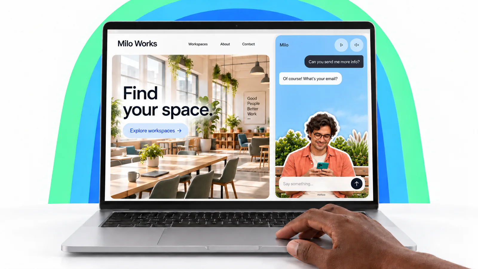 Milo answering an enquiry in a chat widget on a coworking website, displayed on a laptop against colourful arches.