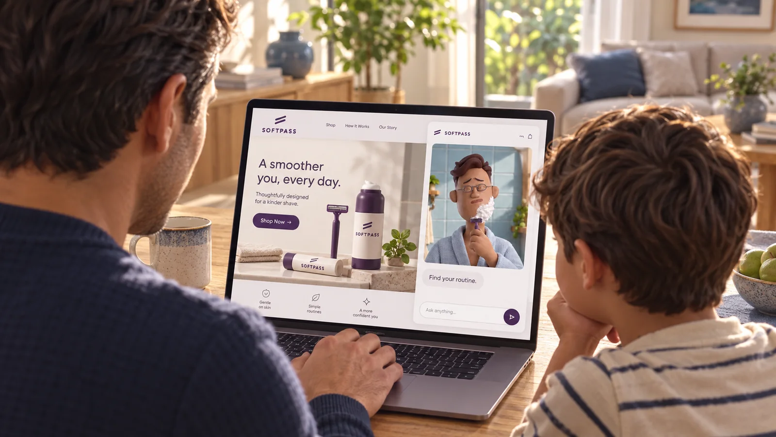 A father and his son exploring shaving products with Softpass in a website widget on their laptop.